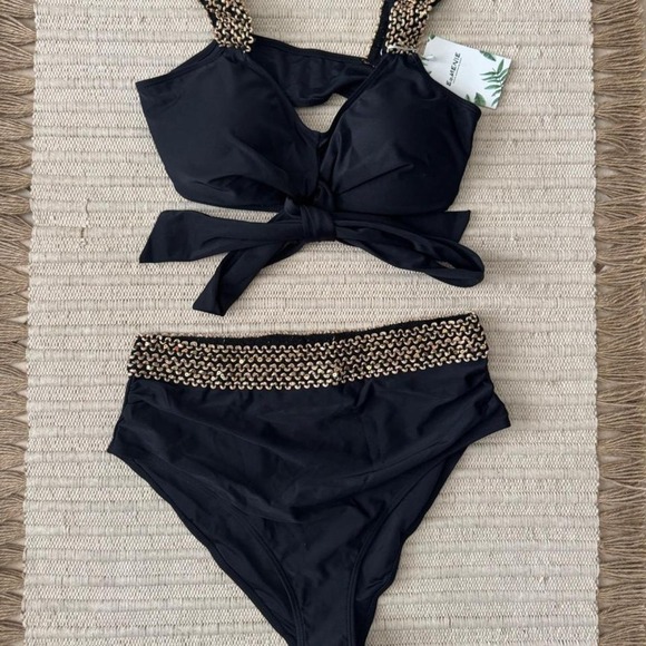 Eomenie Black bikini set with gold accents high-waisted bottoms and tide up top - Picture 1 of 6